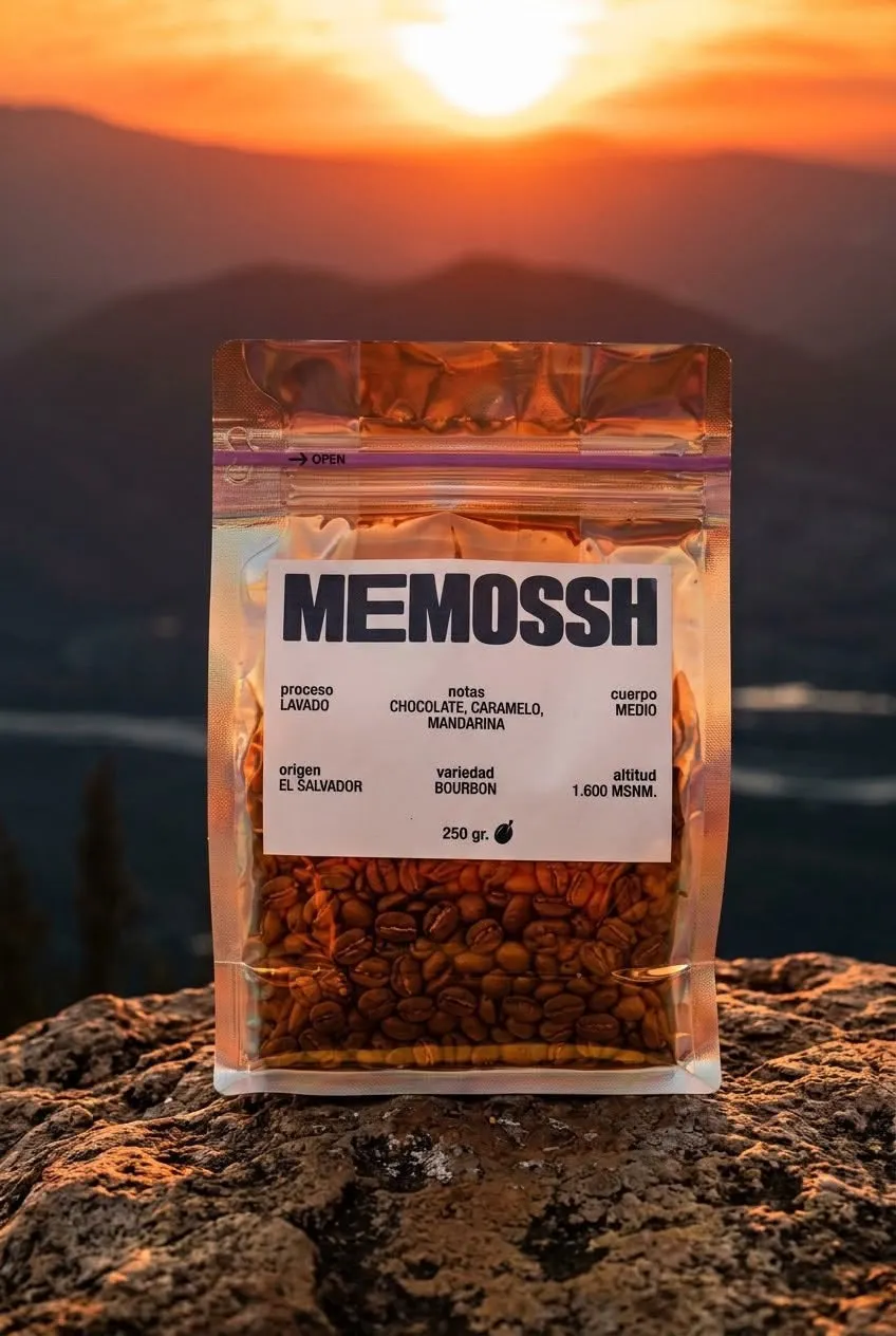 Bolsa MEMOSSH de El Salvador sobre una roca, con el atardecer en la montaña